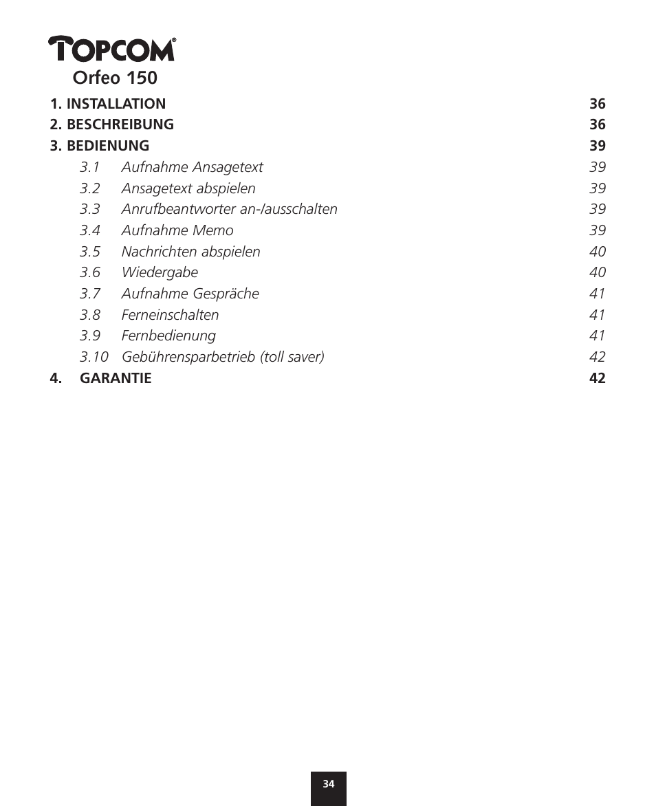 Deutsch, Orfeo 150 | Topcom ORFEO 150 User Manual | Page 34 / 44