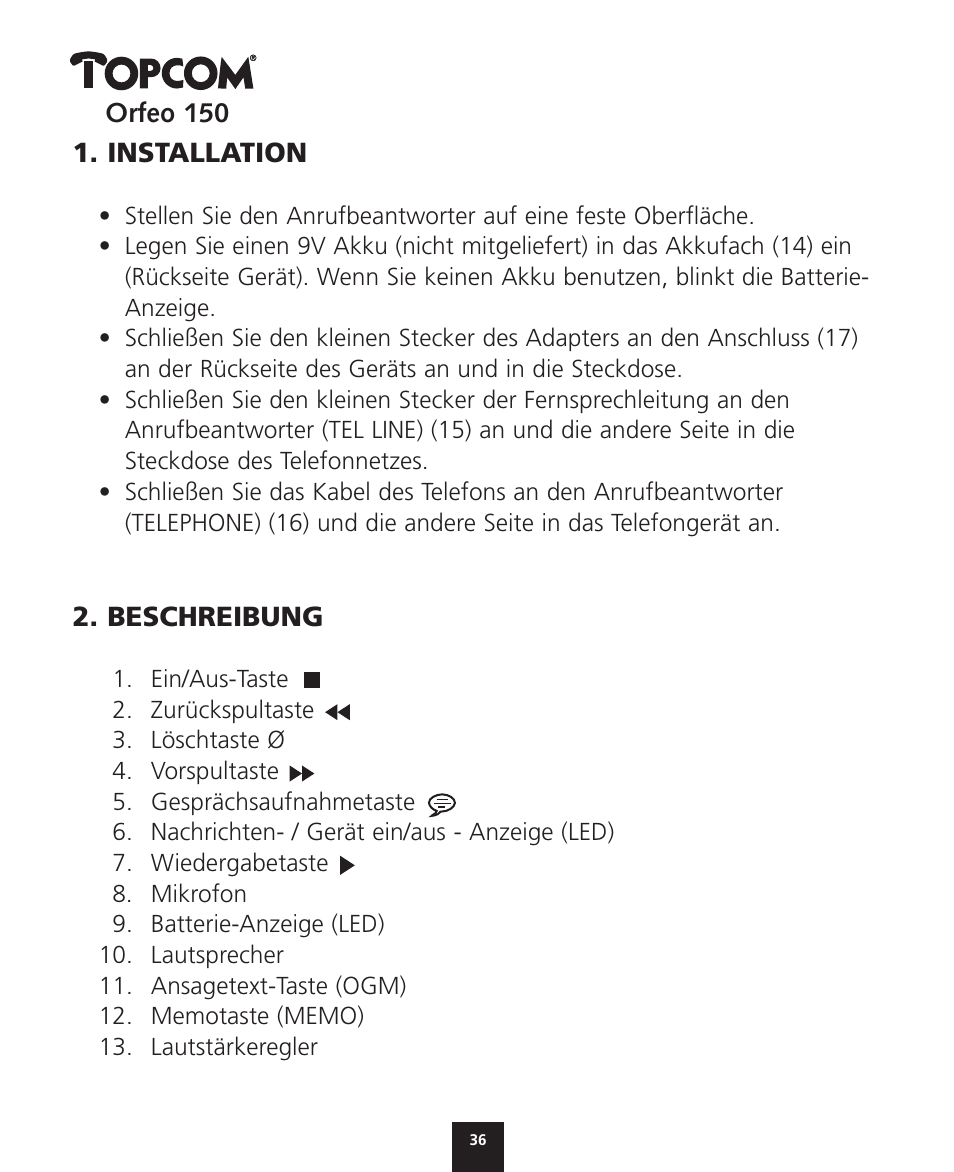 Topcom ORFEO 150 User Manual | Page 36 / 44