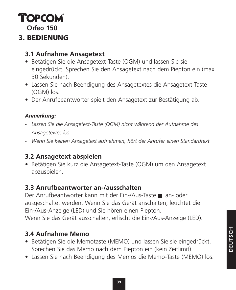 Bedienung | Topcom ORFEO 150 User Manual | Page 39 / 44