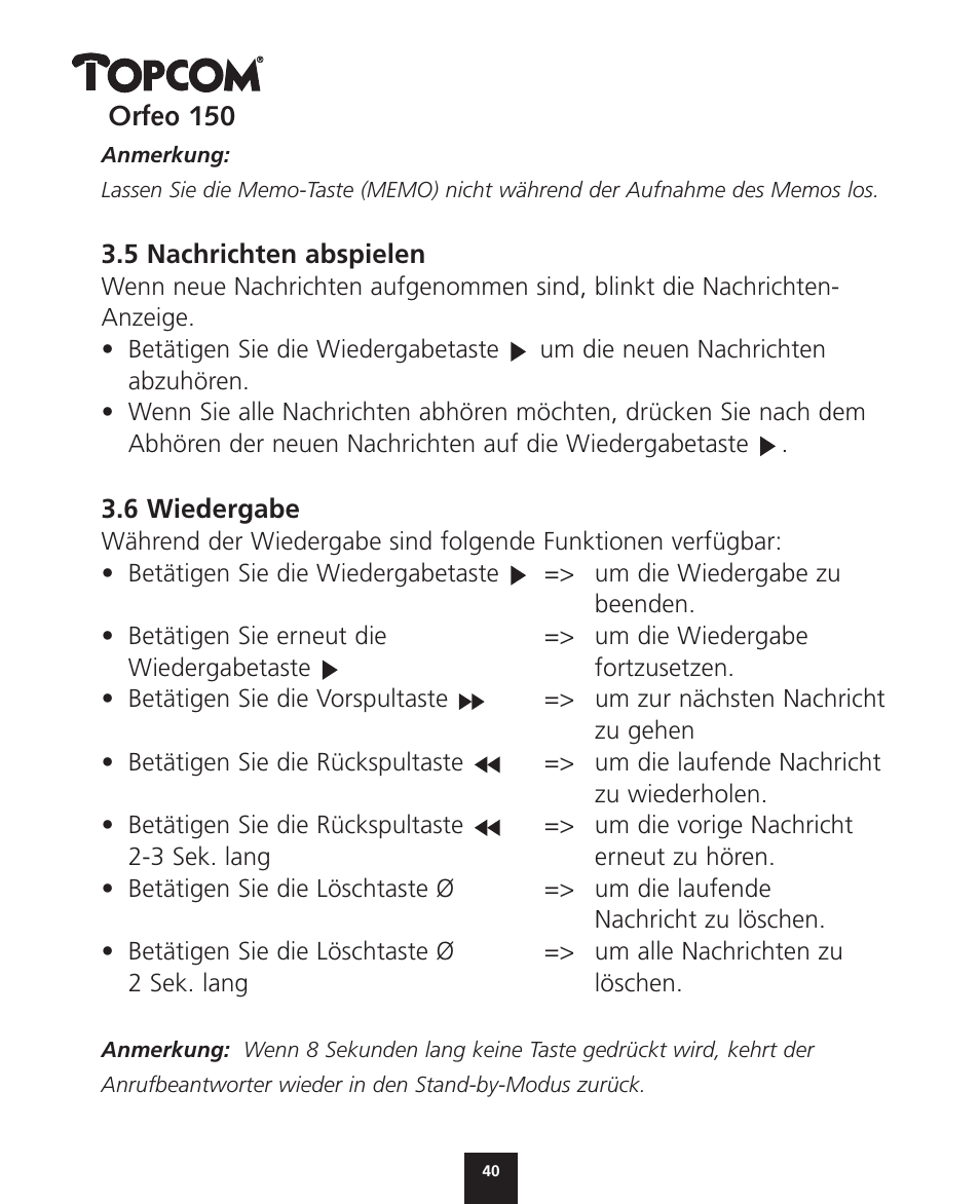 Topcom ORFEO 150 User Manual | Page 40 / 44