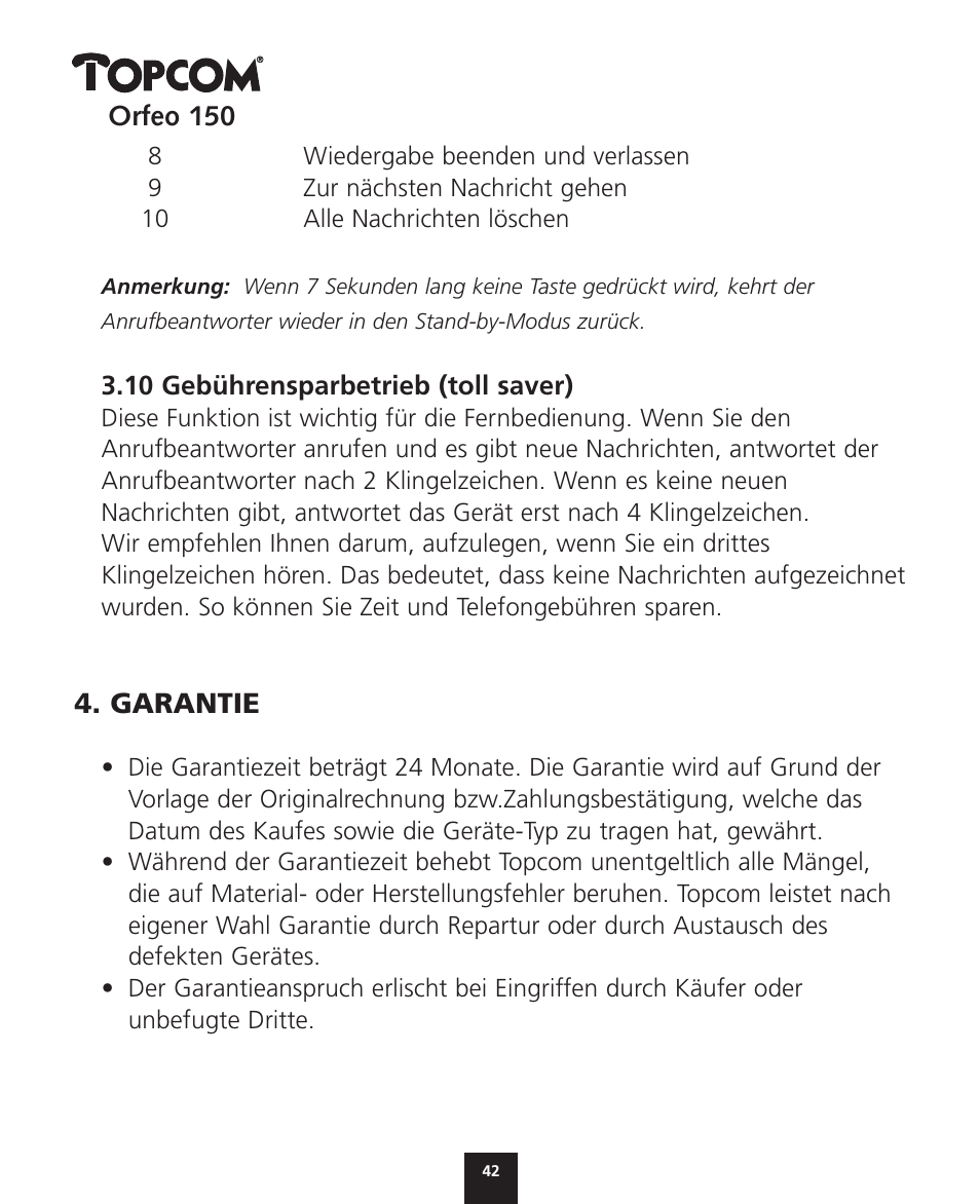 Garantie | Topcom ORFEO 150 User Manual | Page 42 / 44