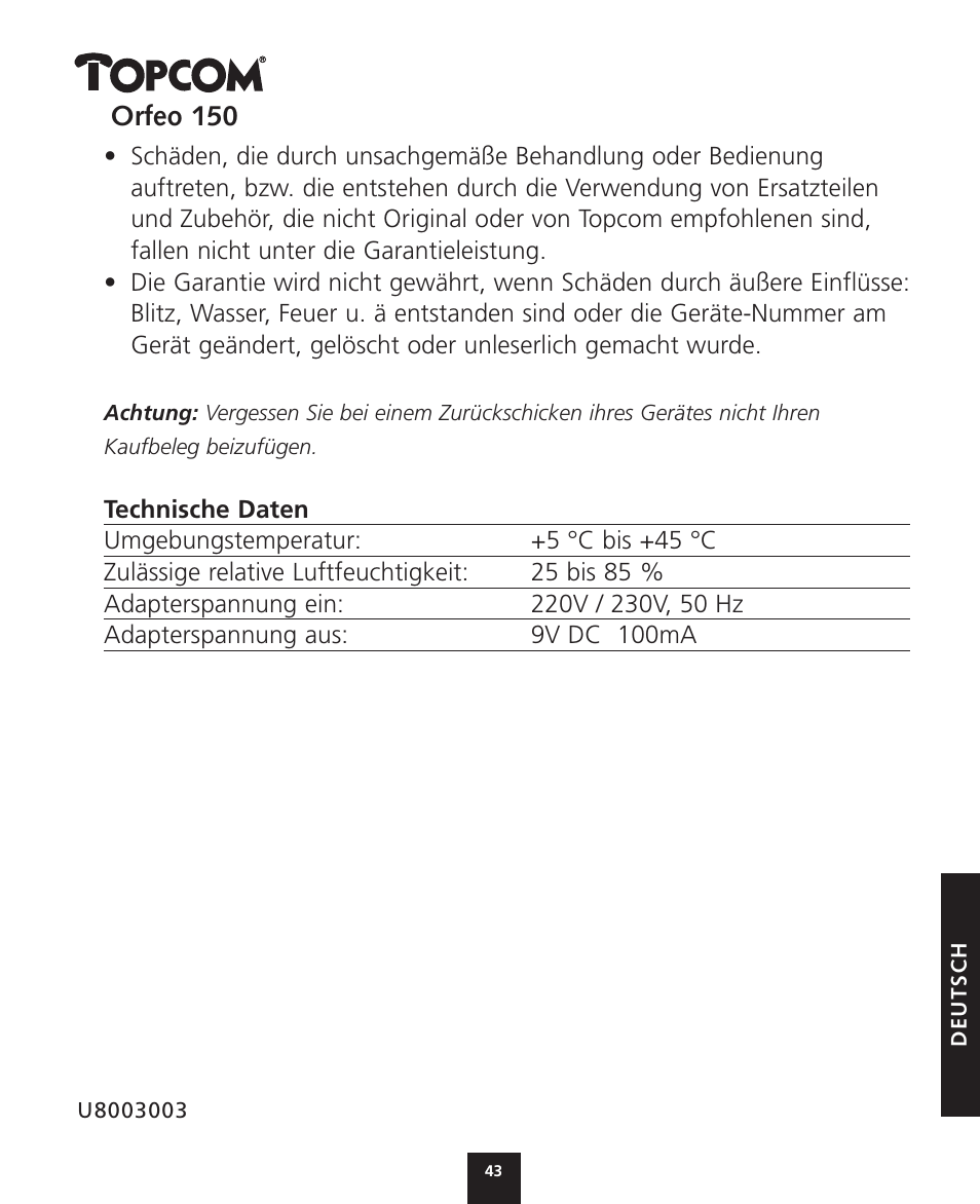 Topcom ORFEO 150 User Manual | Page 43 / 44
