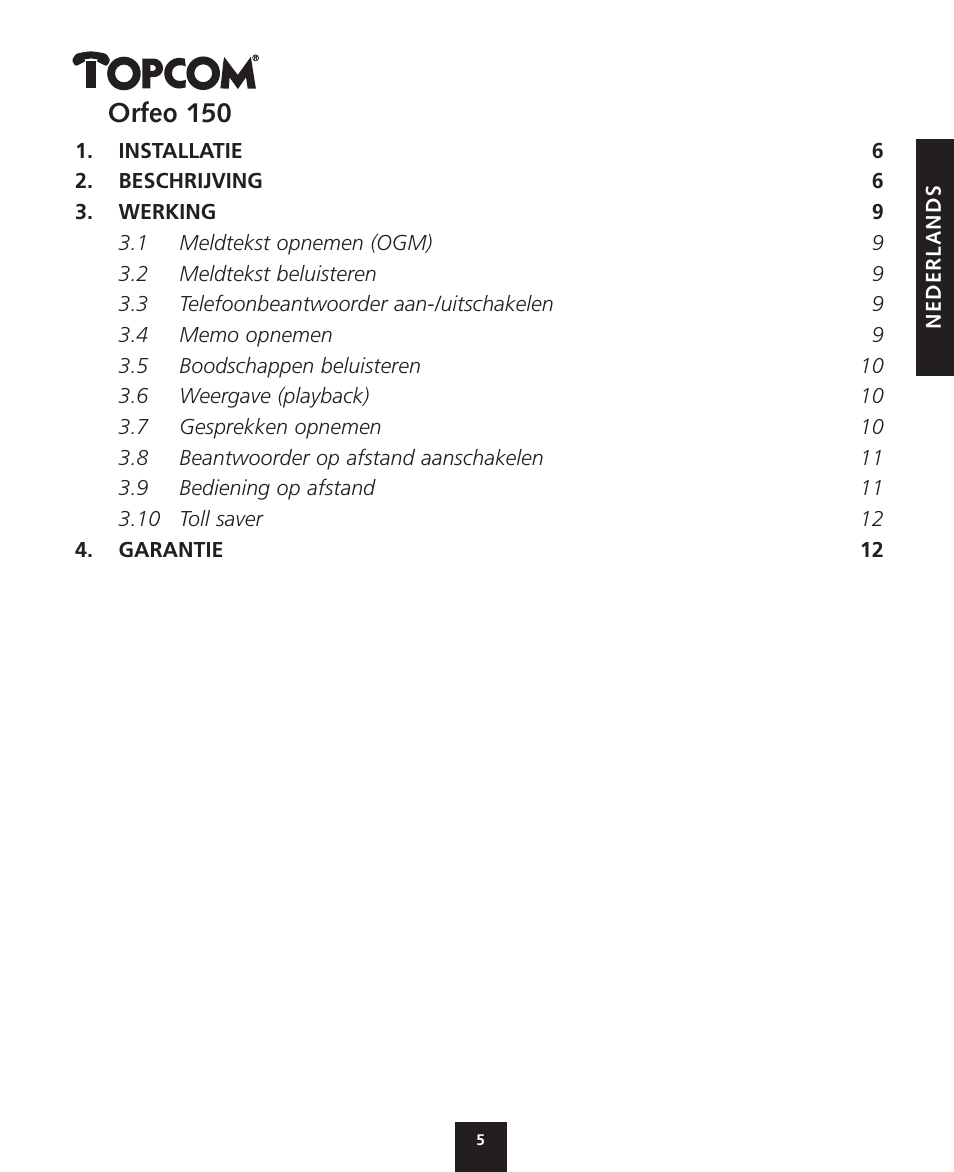 Nederlands, Orfeo 150 | Topcom ORFEO 150 User Manual | Page 5 / 44