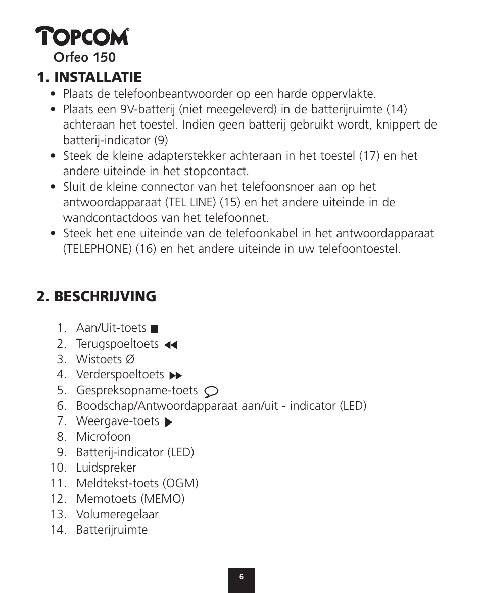 Topcom ORFEO 150 User Manual | Page 6 / 44