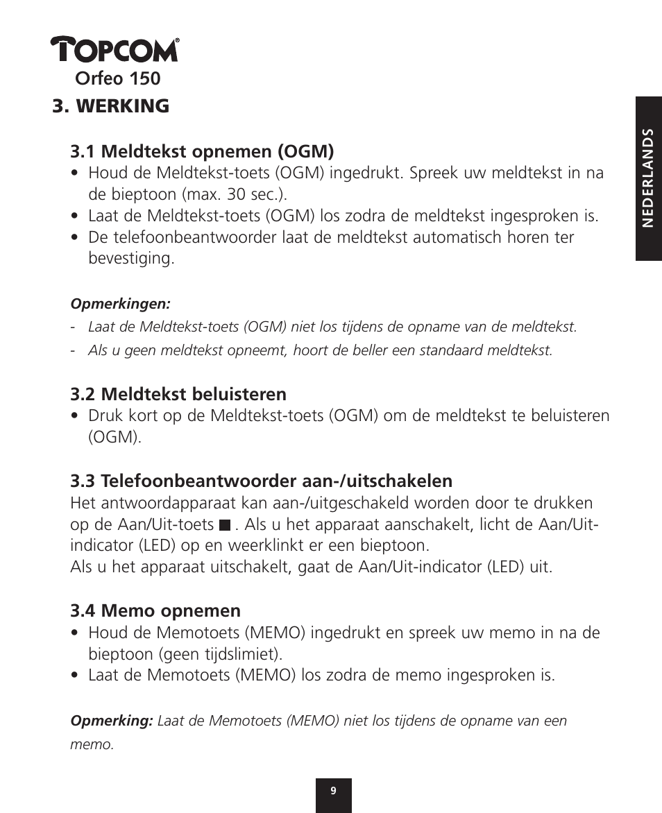 Werking | Topcom ORFEO 150 User Manual | Page 9 / 44