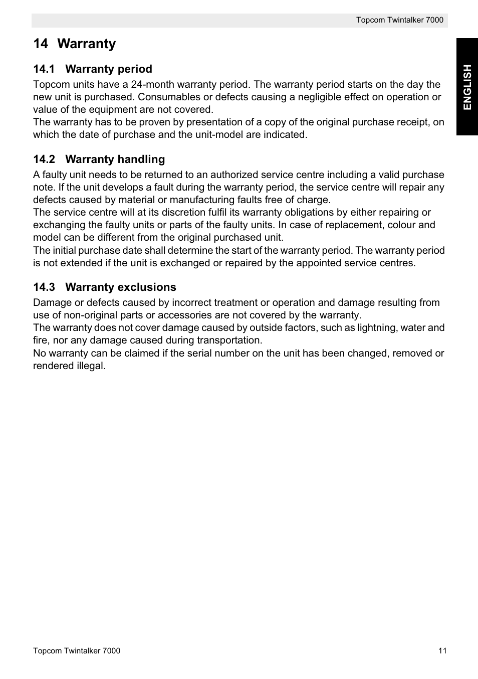 14 warranty | Topcom TWINTALKER 7000 User Manual | Page 11 / 148