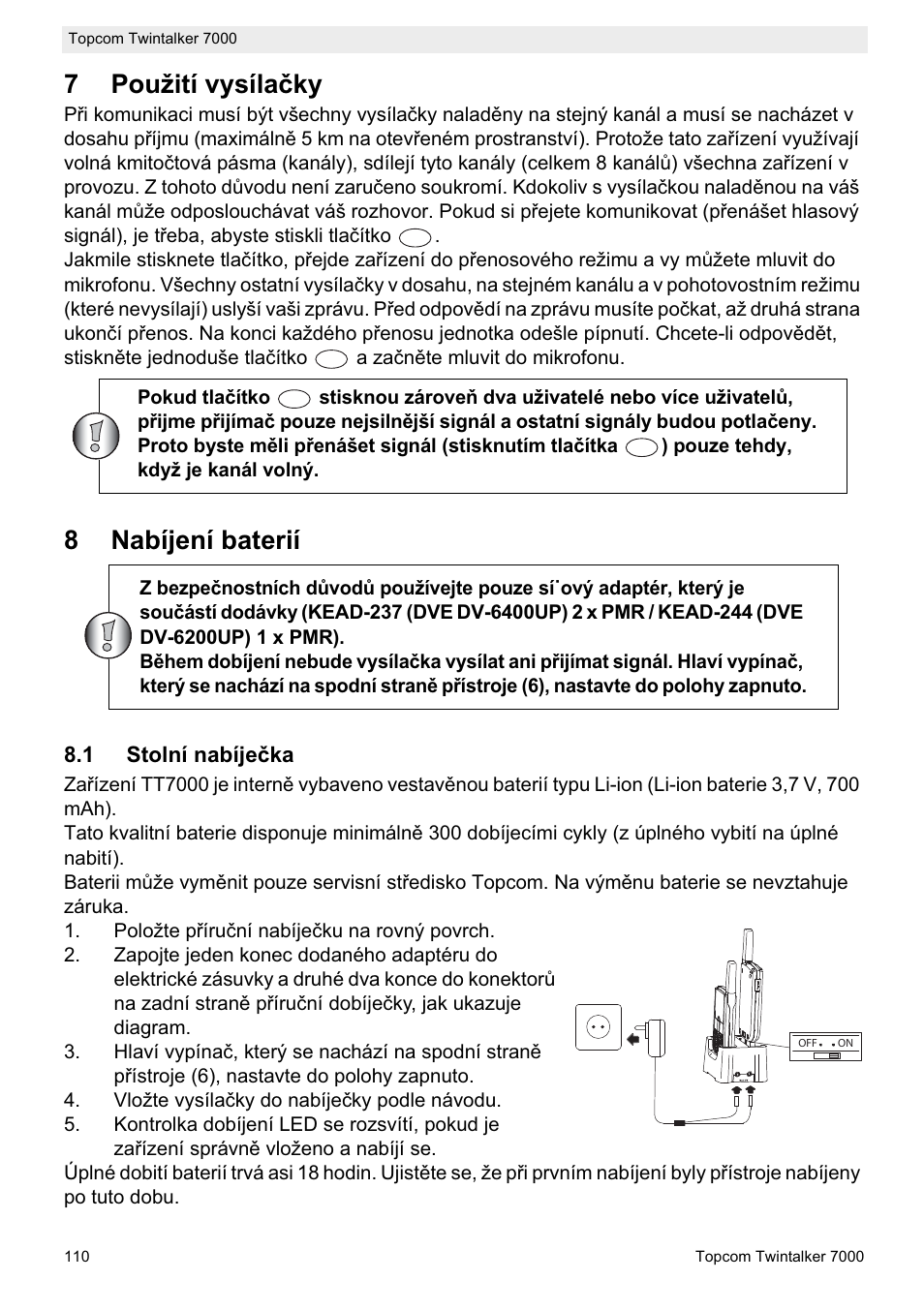 7použití vysílaþky, 8nabíjení baterií | Topcom TWINTALKER 7000 User Manual | Page 110 / 148