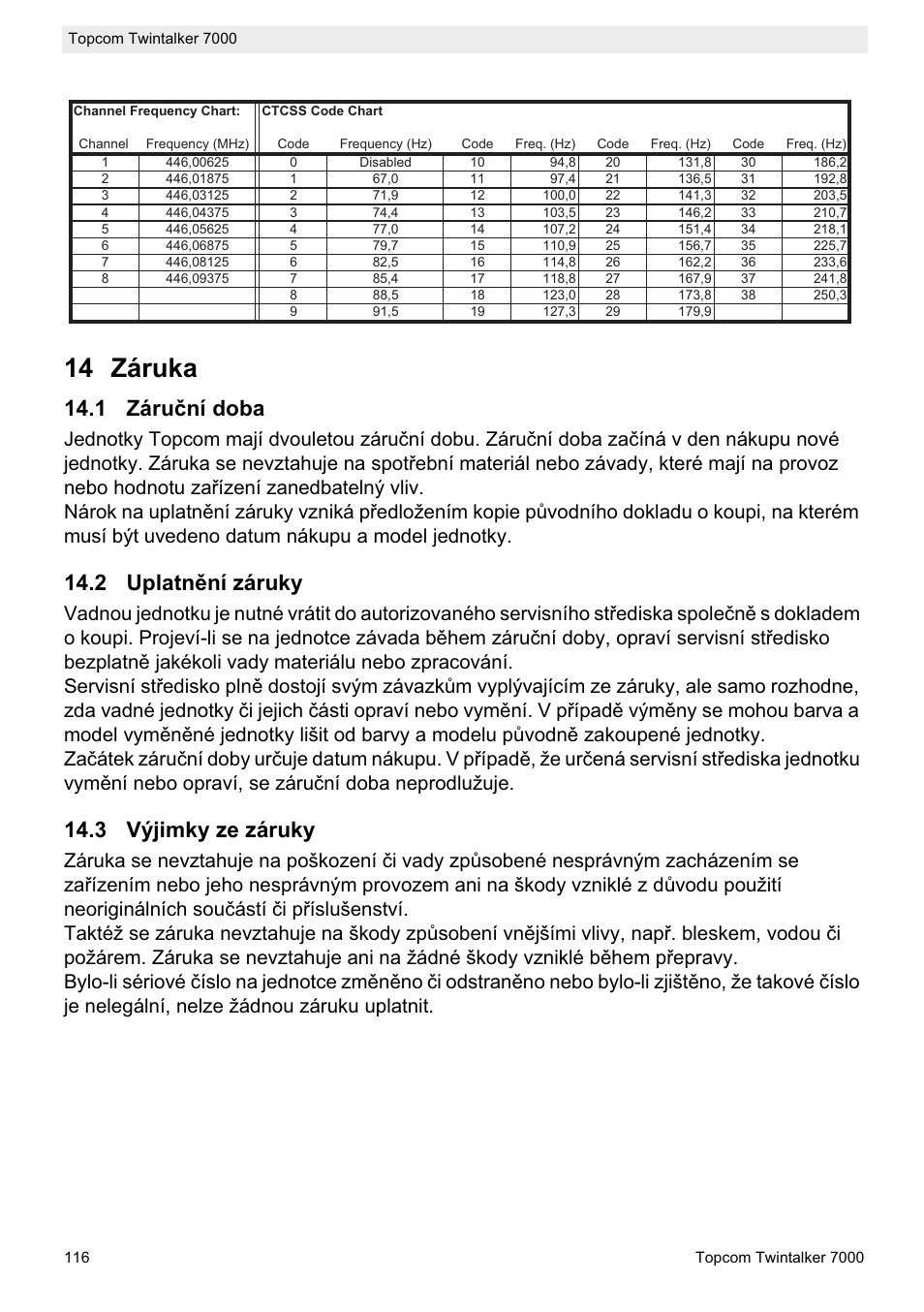14 záruka, 1 záruþní doba, 2 uplatnční záruky | 3 výjimky ze záruky | Topcom TWINTALKER 7000 User Manual | Page 116 / 148