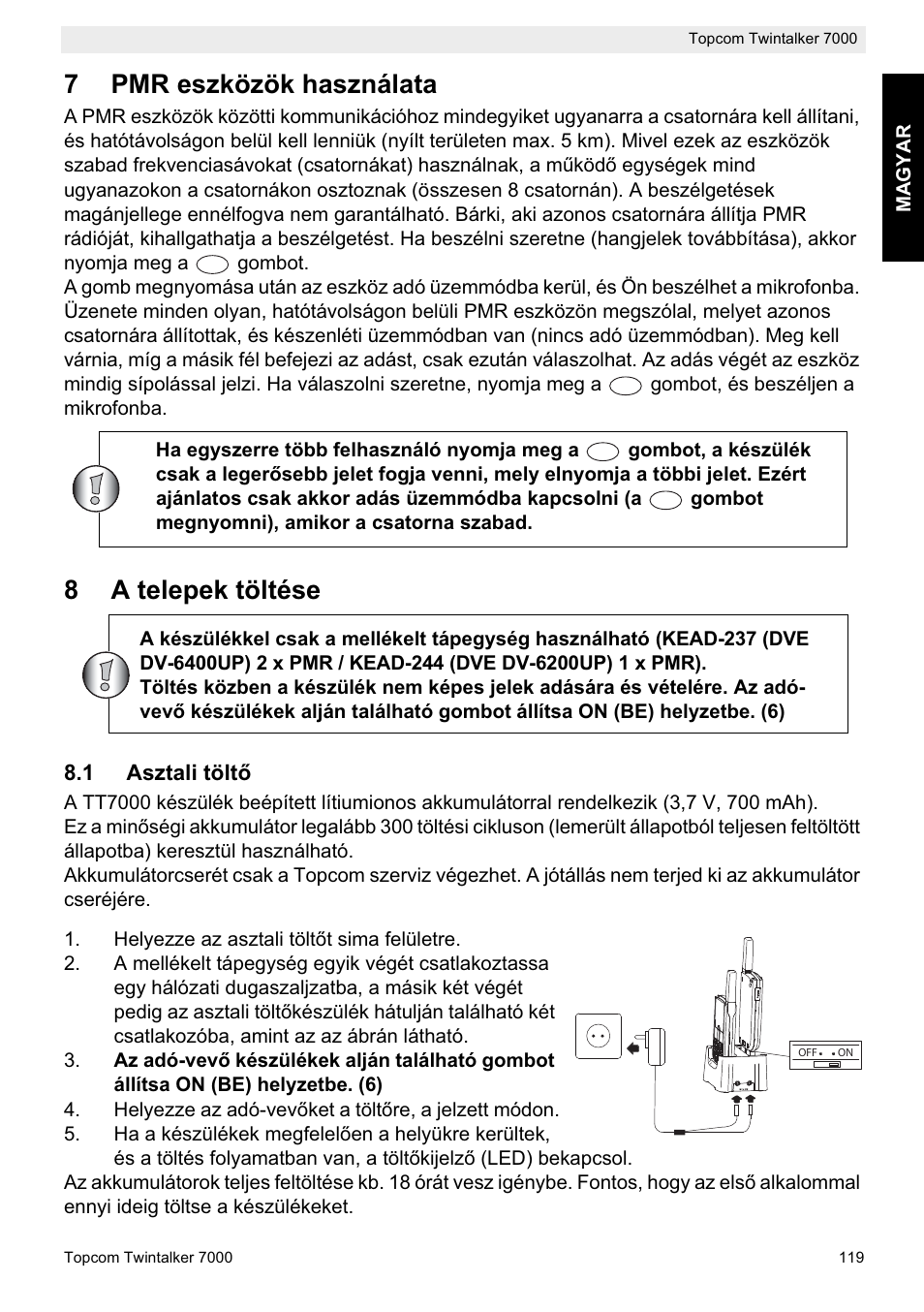 7pmr eszközök használata, 8a telepek töltése | Topcom TWINTALKER 7000 User Manual | Page 119 / 148