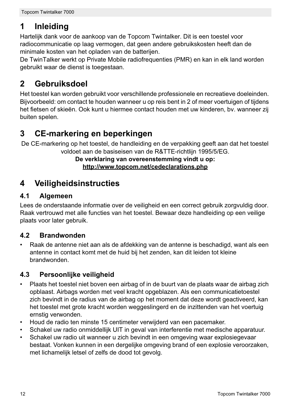 1inleiding, 2gebruiksdoel, 3ce-markering en beperkingen | 4veiligheidsinstructies | Topcom TWINTALKER 7000 User Manual | Page 12 / 148