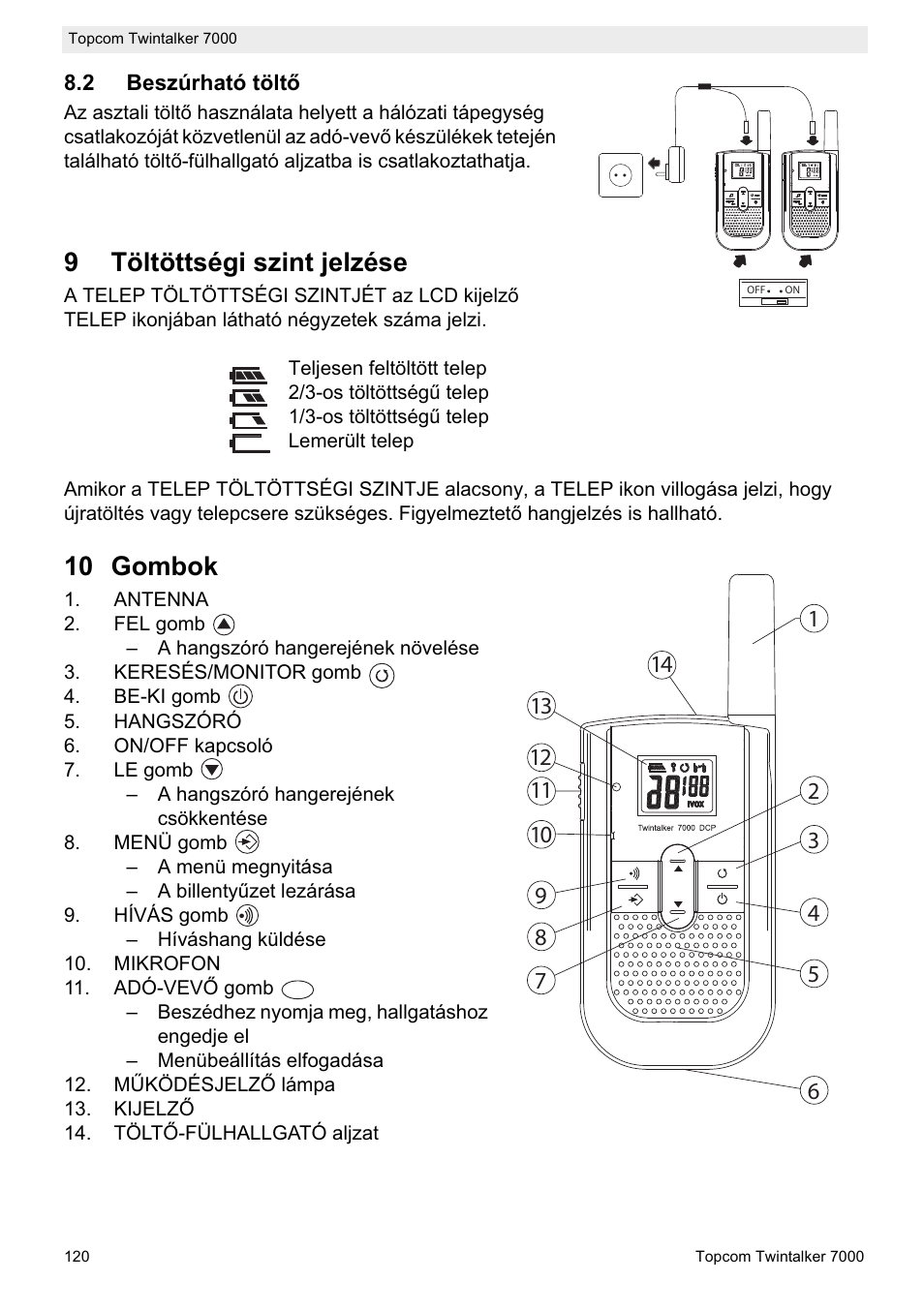 9töltöttségi szint jelzése, 10 gombok | Topcom TWINTALKER 7000 User Manual | Page 120 / 148