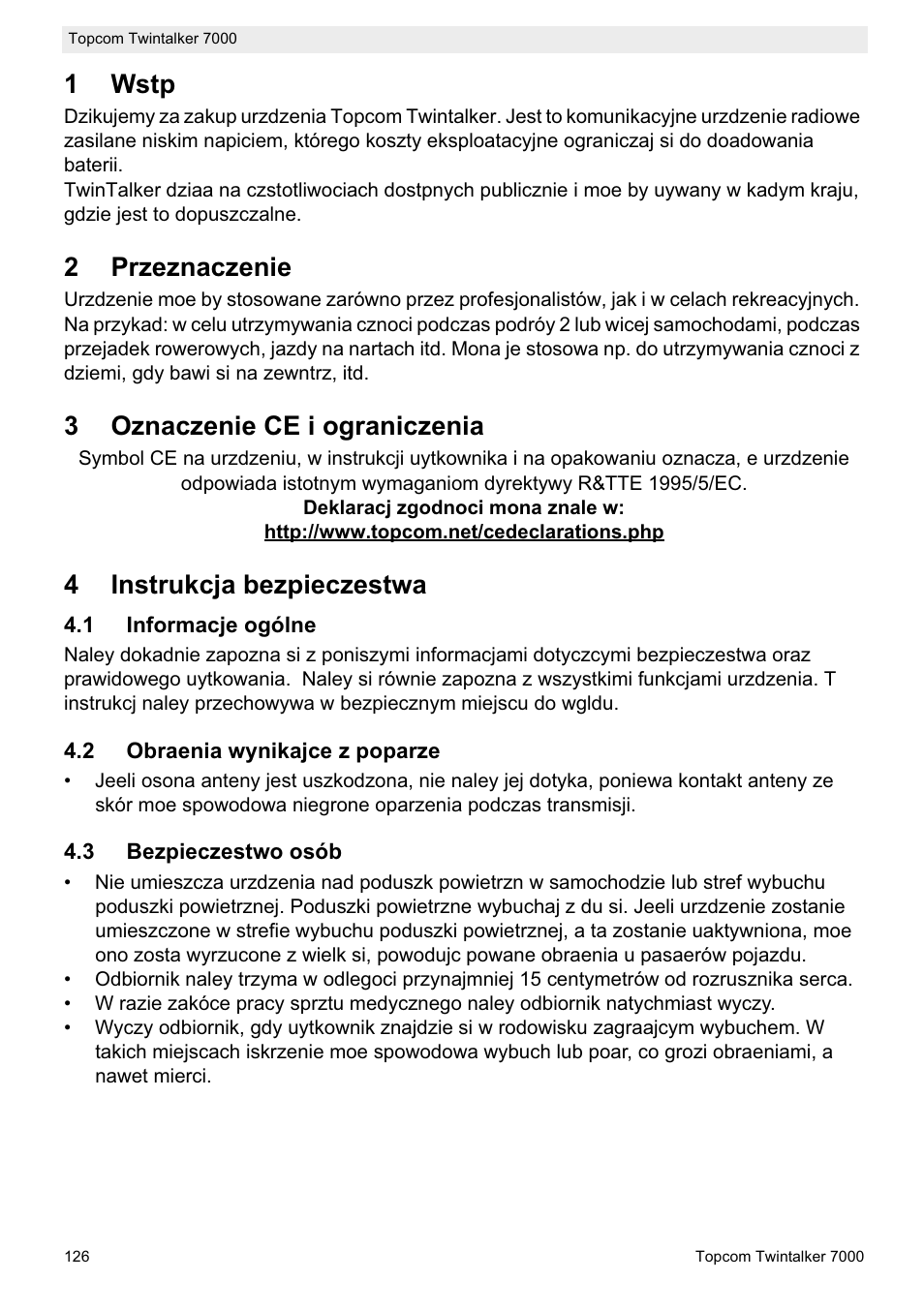 1wstp, 2przeznaczenie, 3oznaczenie ce i ograniczenia | 4instrukcja bezpieczestwa | Topcom TWINTALKER 7000 User Manual | Page 126 / 148
