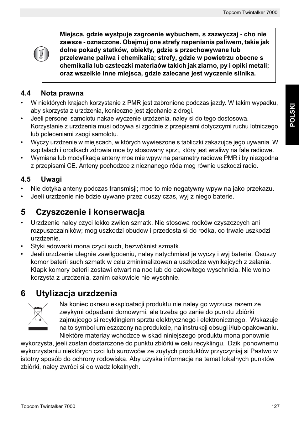 5czyszczenie i konserwacja, 6utylizacja urzdzenia | Topcom TWINTALKER 7000 User Manual | Page 127 / 148