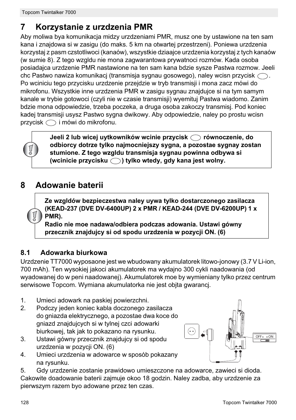 7korzystanie z urzdzenia pmr, 8adowanie baterii | Topcom TWINTALKER 7000 User Manual | Page 128 / 148