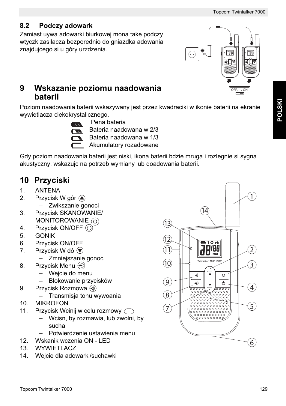 9wskazanie poziomu naadowania baterii, 10 przyciski | Topcom TWINTALKER 7000 User Manual | Page 129 / 148