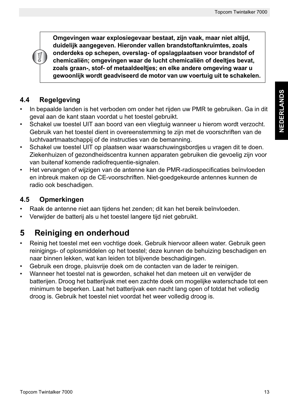 5reiniging en onderhoud | Topcom TWINTALKER 7000 User Manual | Page 13 / 148