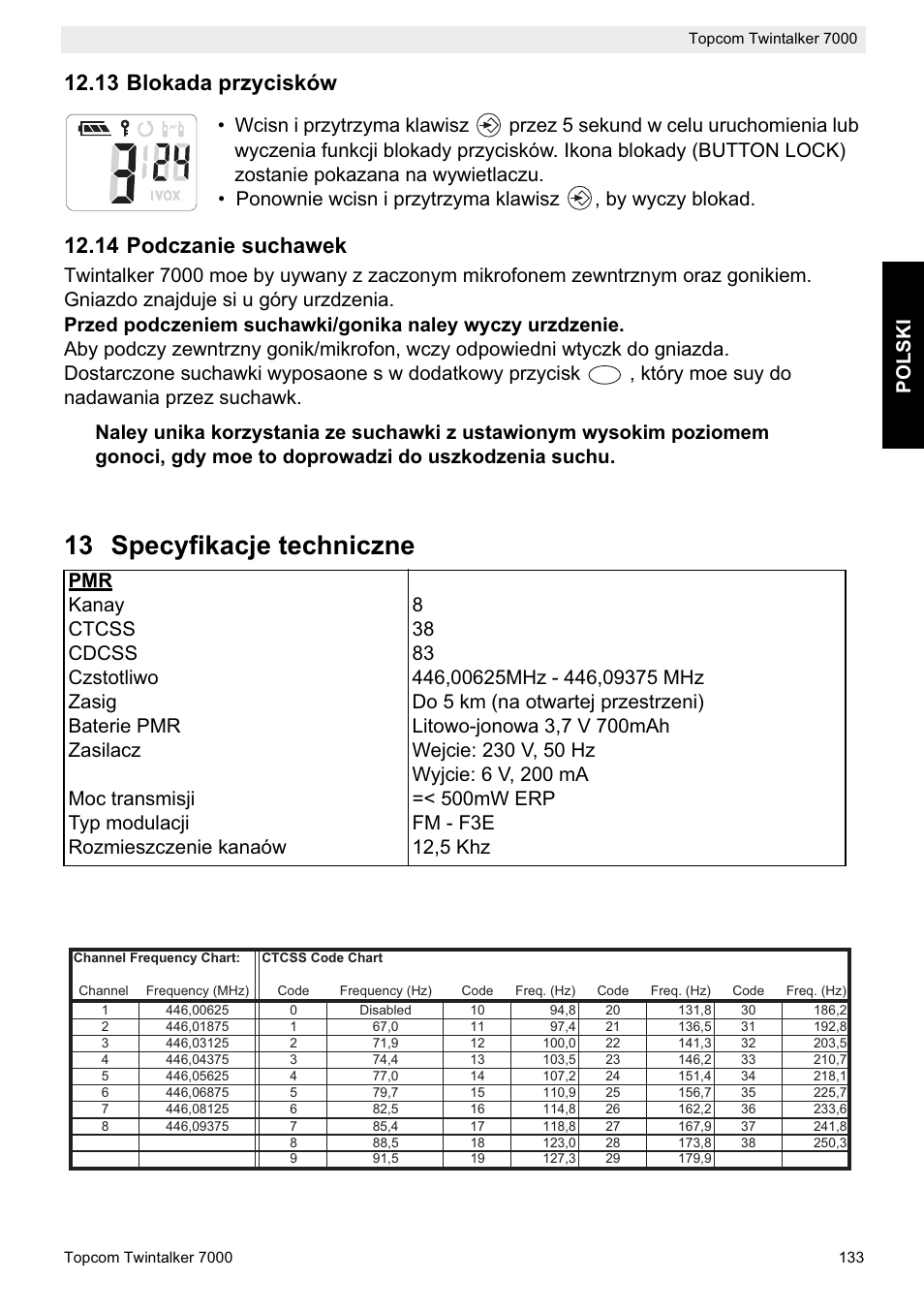 13 specyfikacje techniczne, 13 blokada przycisków, 14 podczanie suchawek | Polski | Topcom TWINTALKER 7000 User Manual | Page 133 / 148