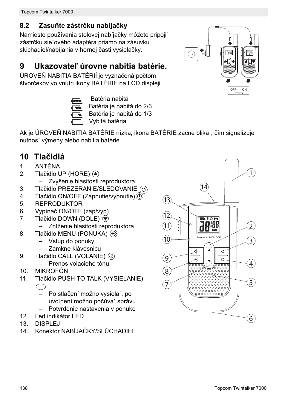 9ukazovateđ úrovne nabitia batérie, 10 tlaþidlá | Topcom TWINTALKER 7000 User Manual | Page 138 / 148