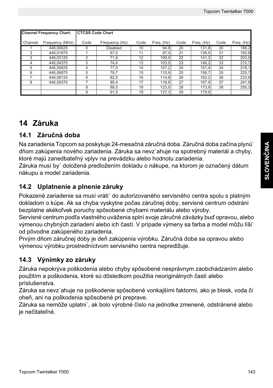14 záruka, 1 záruþná doba, 2 uplatnenie a plnenie záruky | 3 výnimky zo záruky, Slov enýina | Topcom TWINTALKER 7000 User Manual | Page 143 / 148