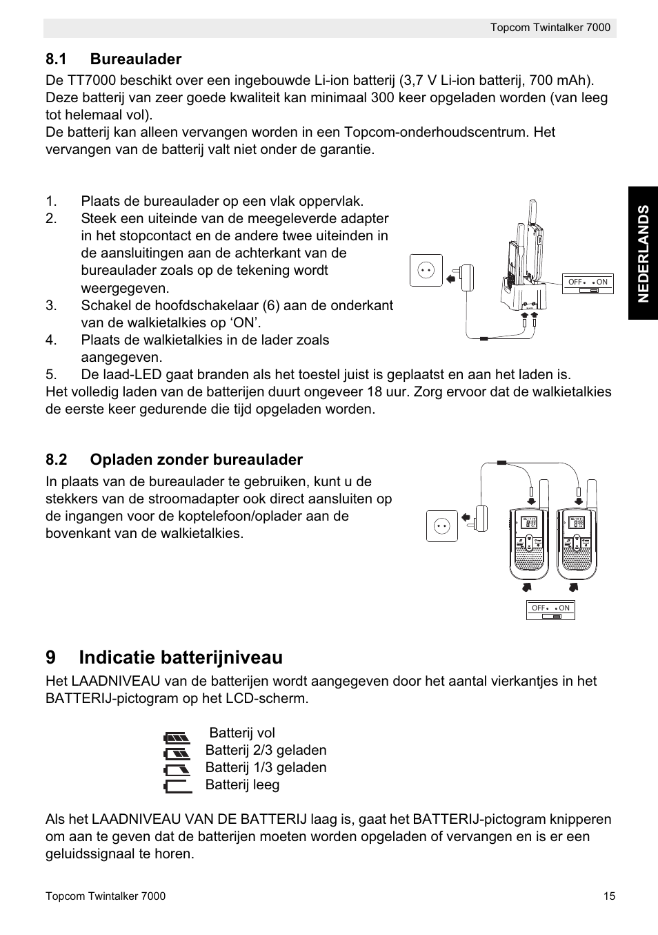 9indicatie batterijniveau | Topcom TWINTALKER 7000 User Manual | Page 15 / 148