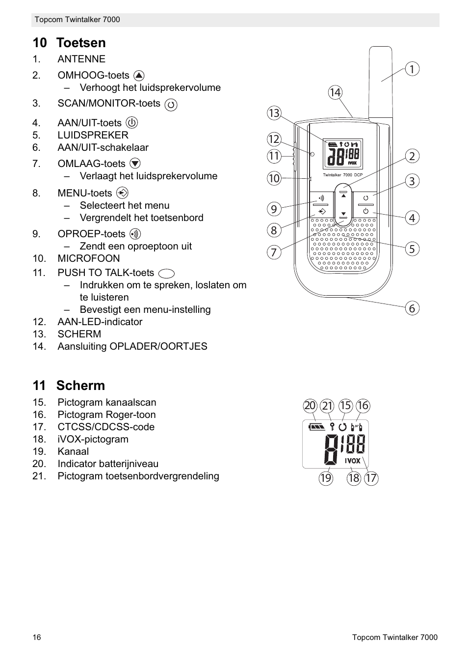 10 toetsen, 11 scherm | Topcom TWINTALKER 7000 User Manual | Page 16 / 148