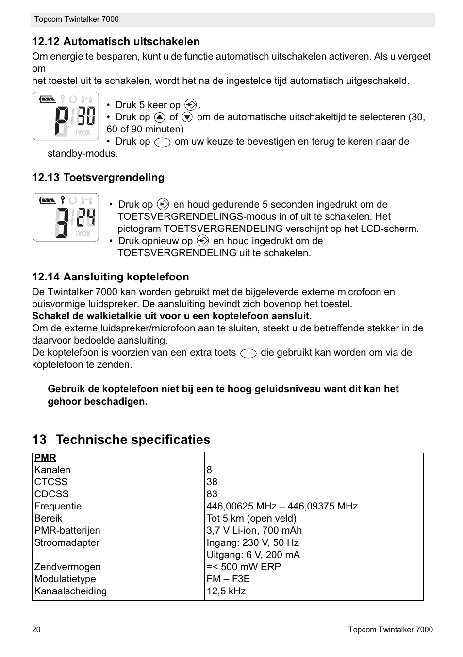 13 technische specificaties | Topcom TWINTALKER 7000 User Manual | Page 20 / 148