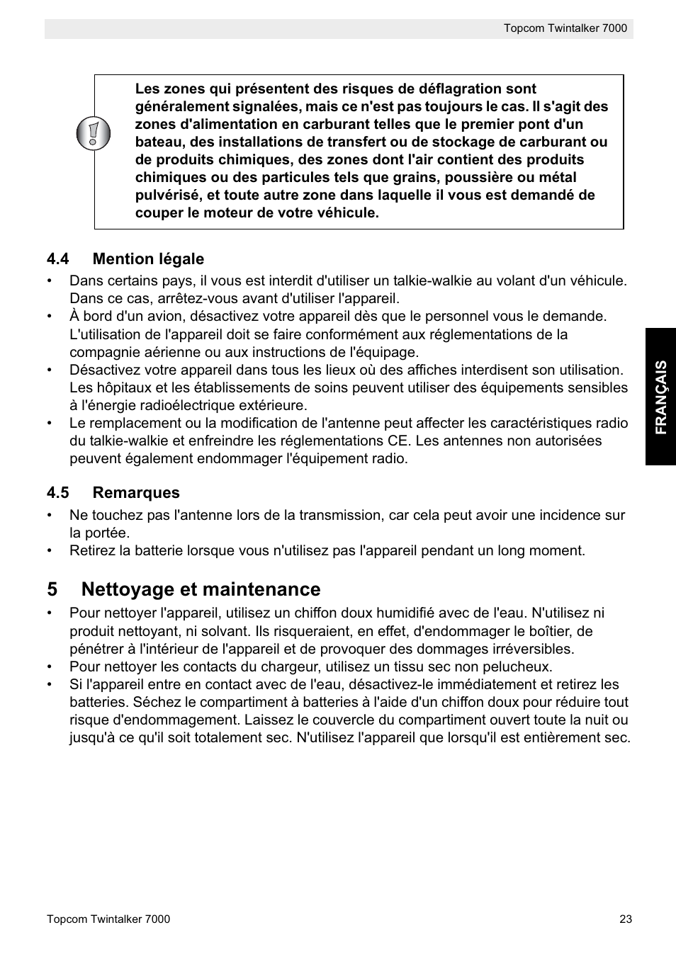 5nettoyage et maintenance | Topcom TWINTALKER 7000 User Manual | Page 23 / 148