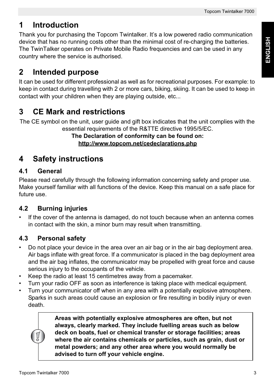 1introduction, 2intended purpose, 3ce mark and restrictions | 4safety instructions | Topcom TWINTALKER 7000 User Manual | Page 3 / 148