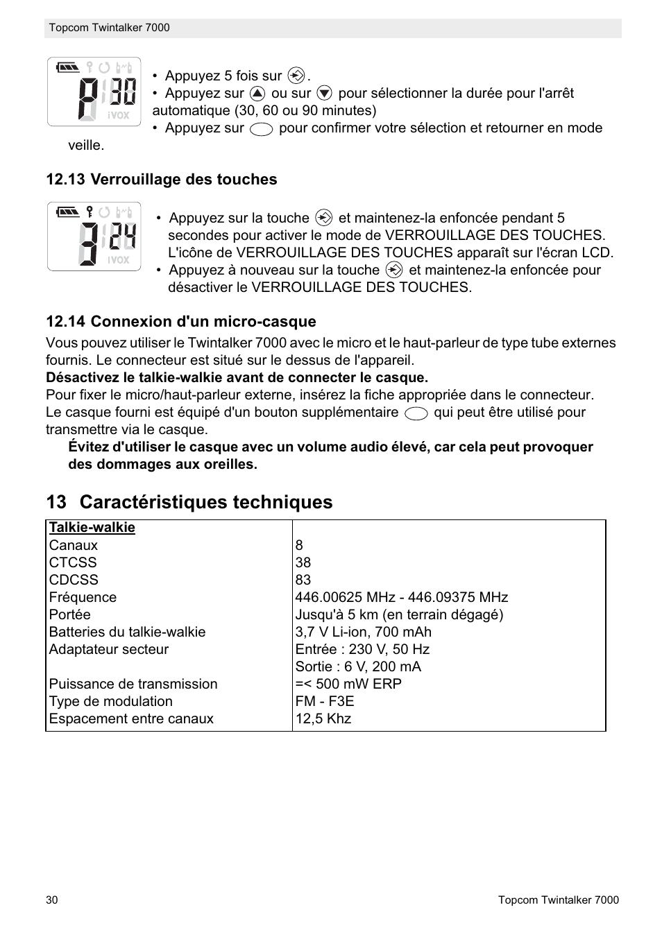 13 caractéristiques techniques | Topcom TWINTALKER 7000 User Manual | Page 30 / 148