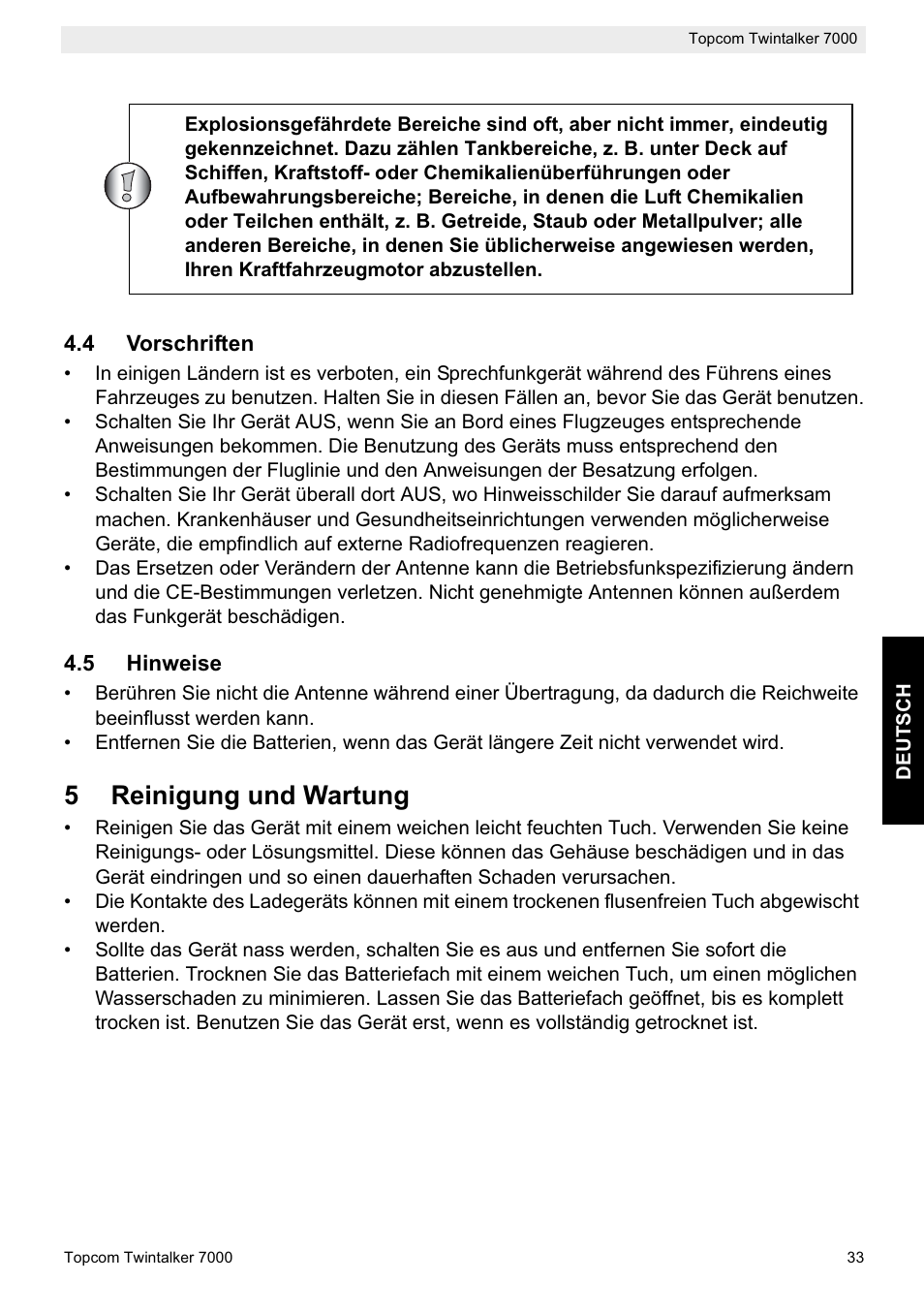 5reinigung und wartung | Topcom TWINTALKER 7000 User Manual | Page 33 / 148
