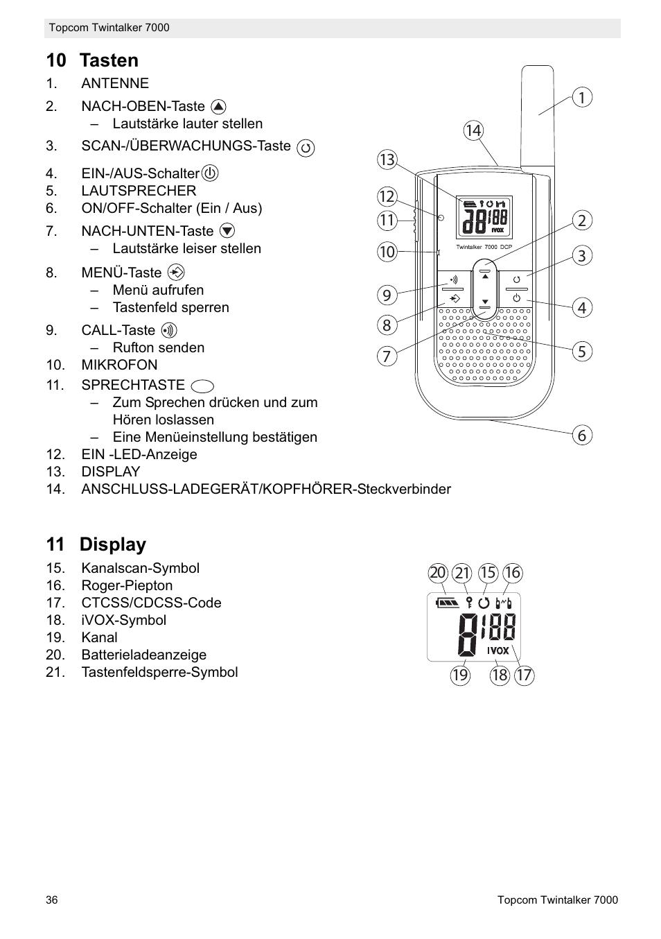 10 tasten, 11 display | Topcom TWINTALKER 7000 User Manual | Page 36 / 148