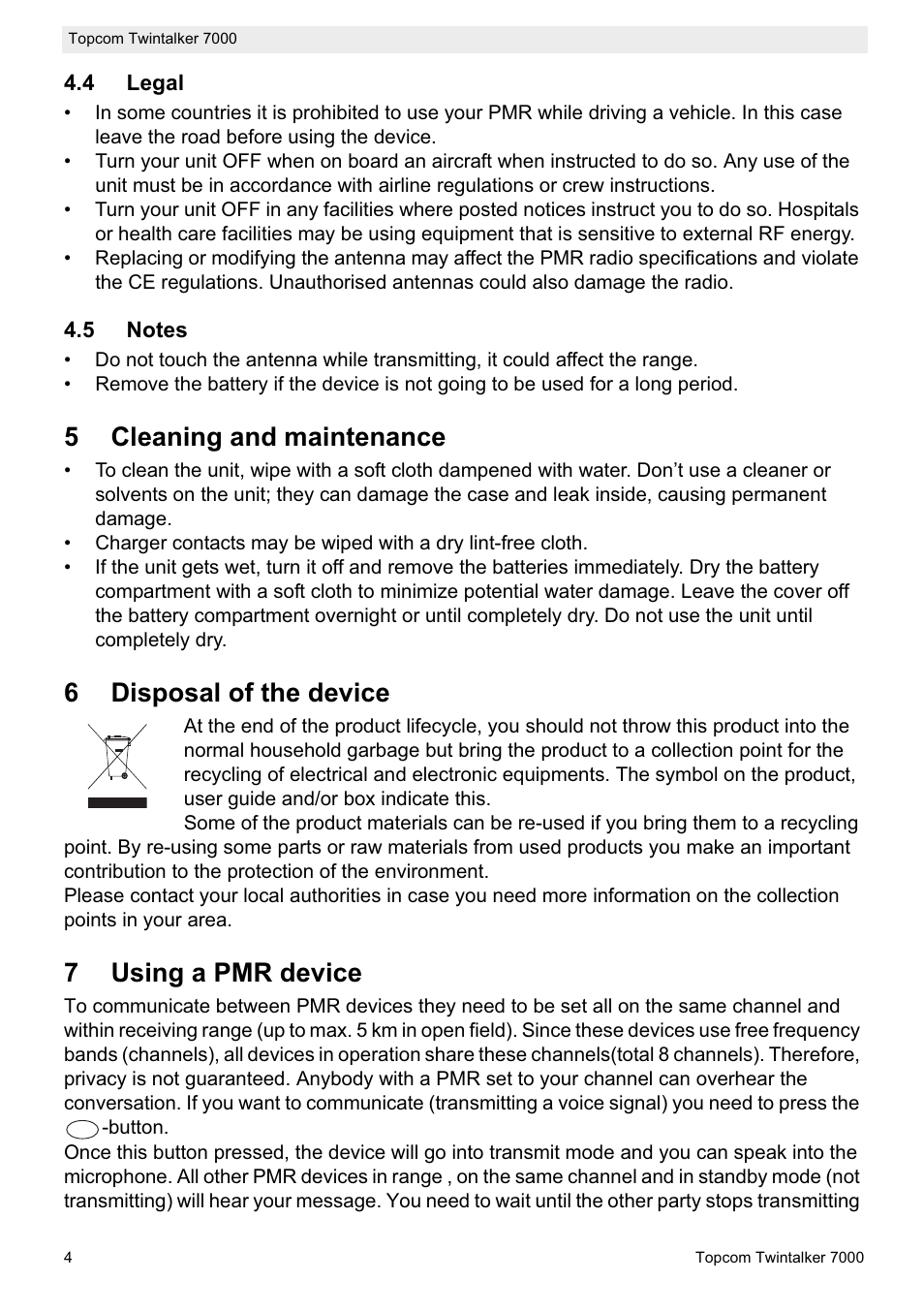 5cleaning and maintenance, 6disposal of the device, 7using a pmr device | Topcom TWINTALKER 7000 User Manual | Page 4 / 148