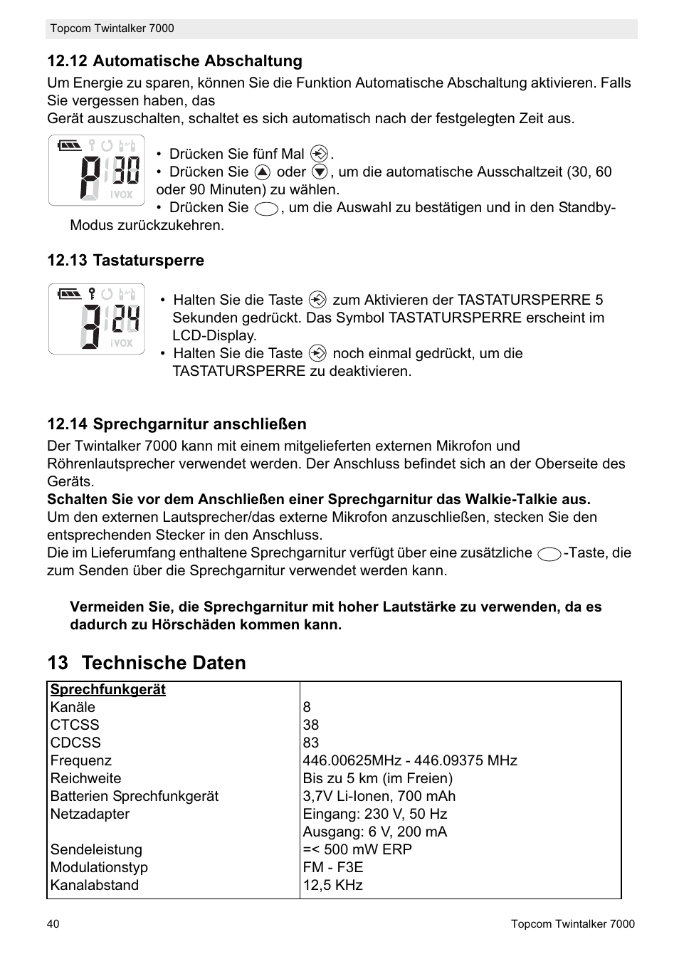 13 technische daten | Topcom TWINTALKER 7000 User Manual | Page 40 / 148
