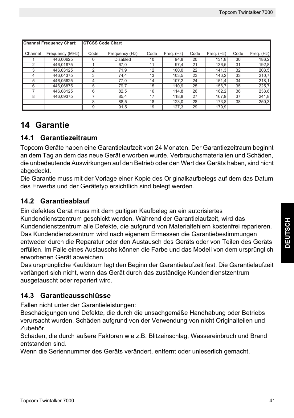 14 garantie, 1 garantiezeitraum, 2 garantieablauf | 3 garantieausschlüsse, Deutsch | Topcom TWINTALKER 7000 User Manual | Page 41 / 148