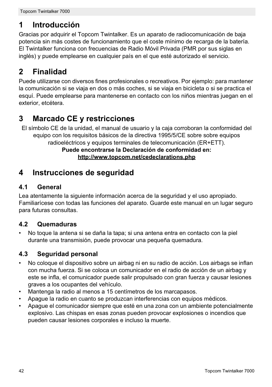 1introducción, 2finalidad, 3marcado ce y restricciones | 4instrucciones de seguridad | Topcom TWINTALKER 7000 User Manual | Page 42 / 148