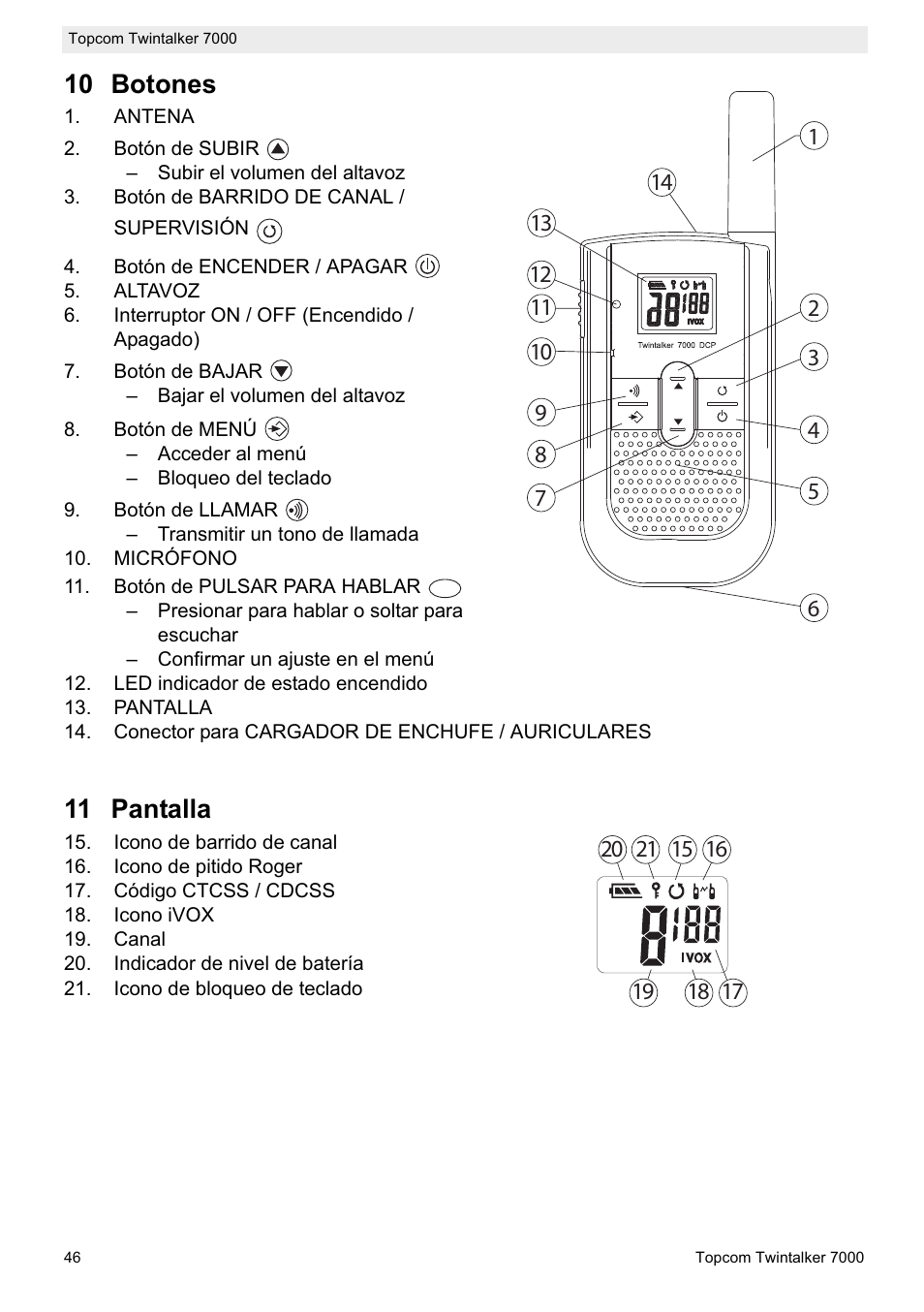 10 botones, 11 pantalla | Topcom TWINTALKER 7000 User Manual | Page 46 / 148