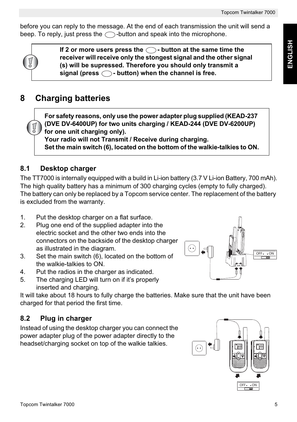 8charging batteries | Topcom TWINTALKER 7000 User Manual | Page 5 / 148