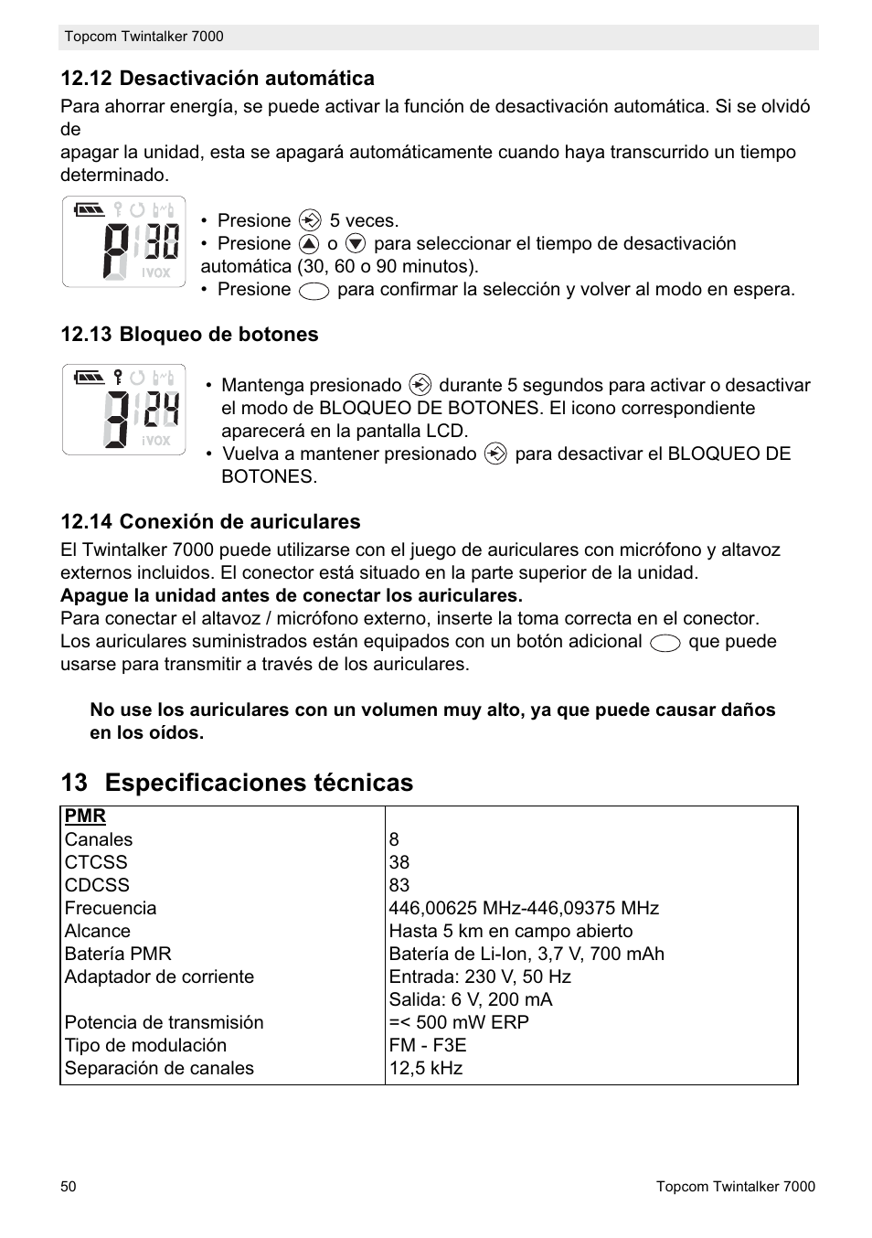 13 especificaciones técnicas | Topcom TWINTALKER 7000 User Manual | Page 50 / 148