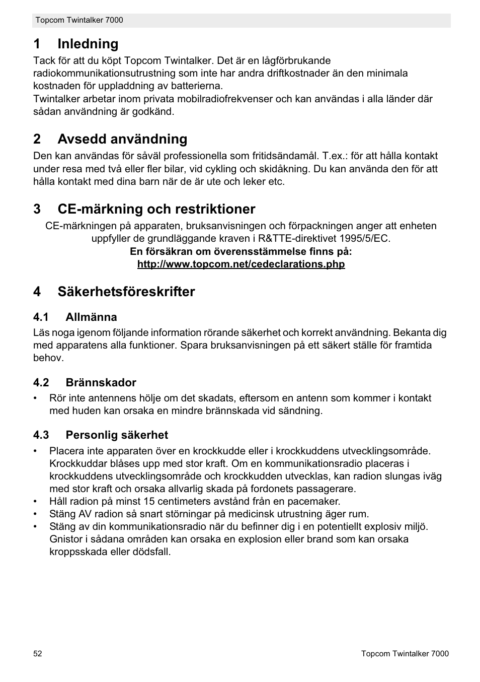 1inledning, 2avsedd användning, 3ce-märkning och restriktioner | 4säkerhetsföreskrifter | Topcom TWINTALKER 7000 User Manual | Page 52 / 148