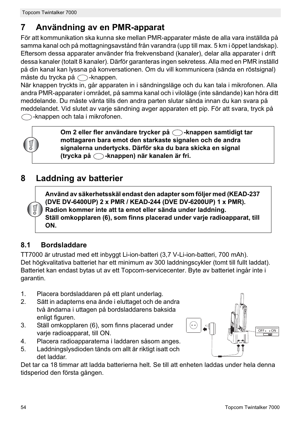 7användning av en pmr-apparat, 8laddning av batterier | Topcom TWINTALKER 7000 User Manual | Page 54 / 148