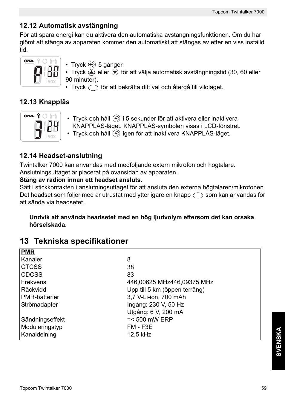 13 tekniska specifikationer | Topcom TWINTALKER 7000 User Manual | Page 59 / 148