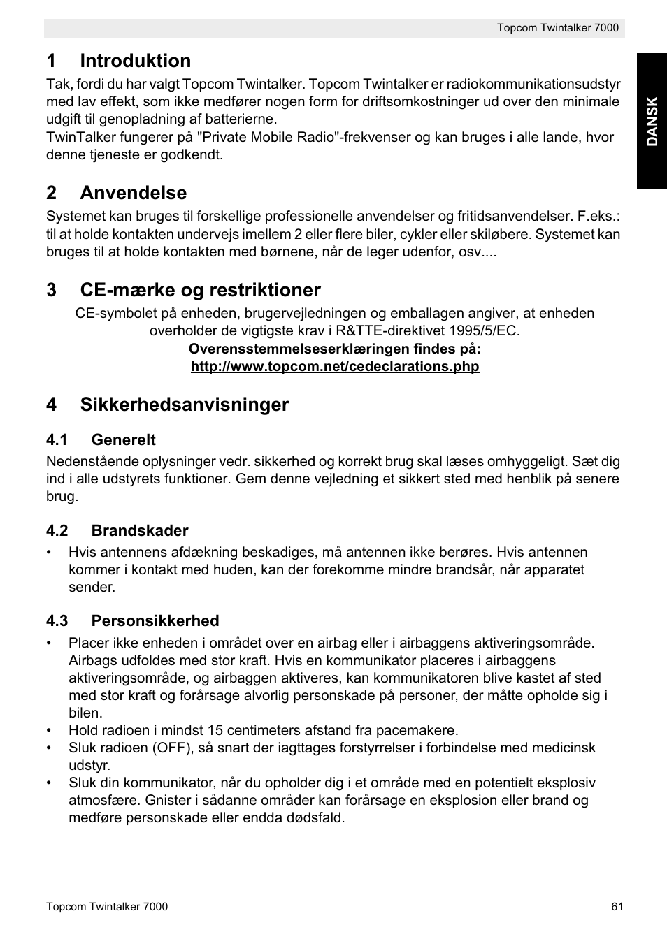 1introduktion, 2anvendelse, 3ce-mærke og restriktioner | 4sikkerhedsanvisninger | Topcom TWINTALKER 7000 User Manual | Page 61 / 148