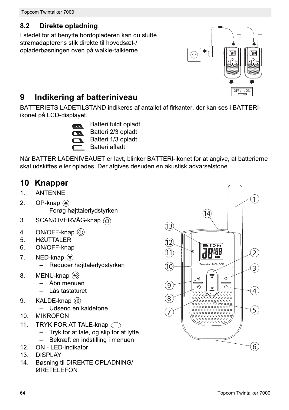 9indikering af batteriniveau, 10 knapper | Topcom TWINTALKER 7000 User Manual | Page 64 / 148