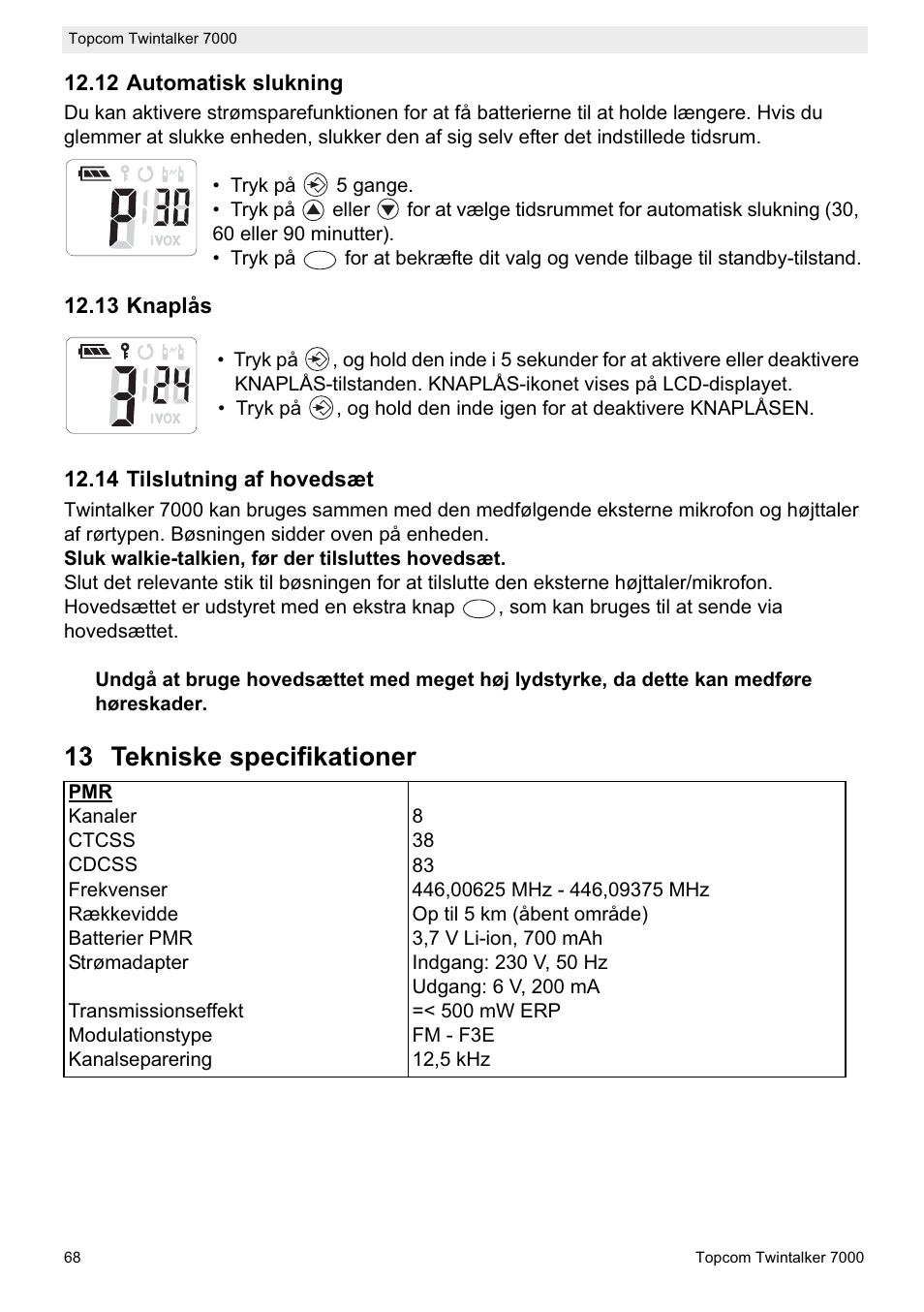 13 tekniske specifikationer | Topcom TWINTALKER 7000 User Manual | Page 68 / 148