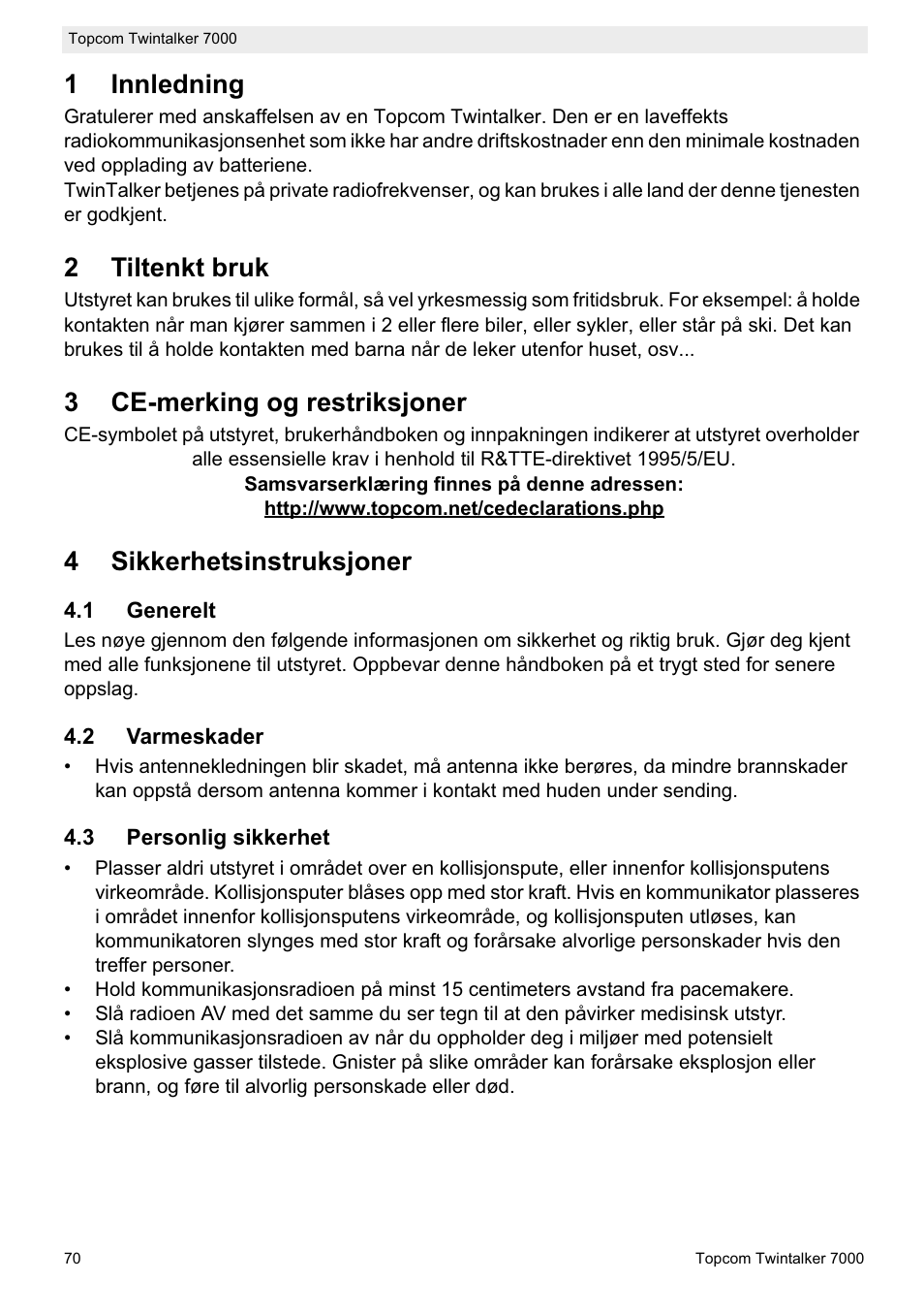 1innledning, 2tiltenkt bruk, 3ce-merking og restriksjoner | 4sikkerhetsinstruksjoner | Topcom TWINTALKER 7000 User Manual | Page 70 / 148