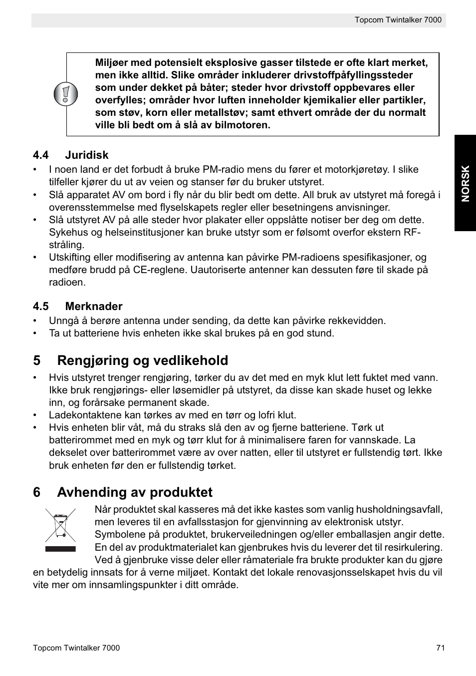 5rengjøring og vedlikehold, 6avhending av produktet | Topcom TWINTALKER 7000 User Manual | Page 71 / 148