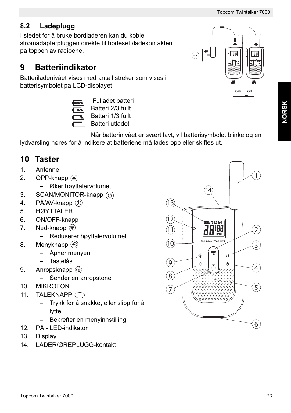 9batteriindikator, 10 taster | Topcom TWINTALKER 7000 User Manual | Page 73 / 148