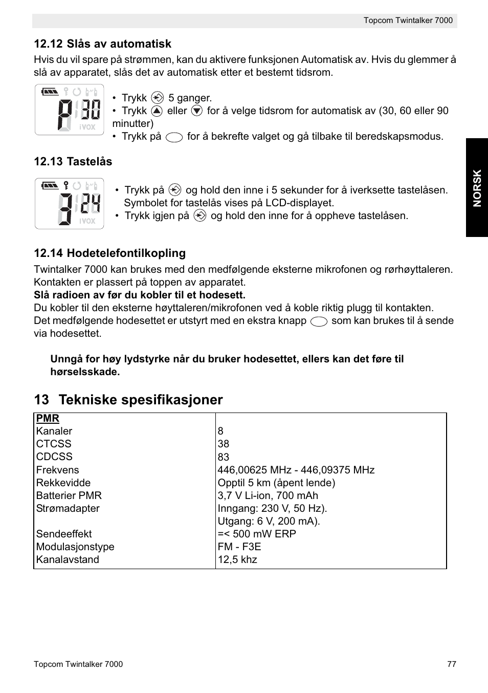 13 tekniske spesifikasjoner | Topcom TWINTALKER 7000 User Manual | Page 77 / 148