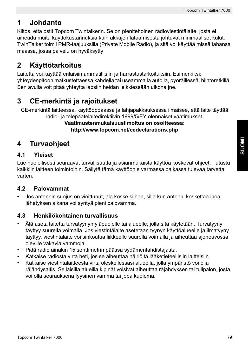1johdanto, 2käyttötarkoitus, 3ce-merkintä ja rajoitukset | 4turvaohjeet | Topcom TWINTALKER 7000 User Manual | Page 79 / 148