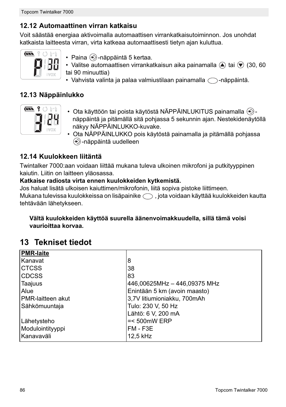 13 tekniset tiedot | Topcom TWINTALKER 7000 User Manual | Page 86 / 148